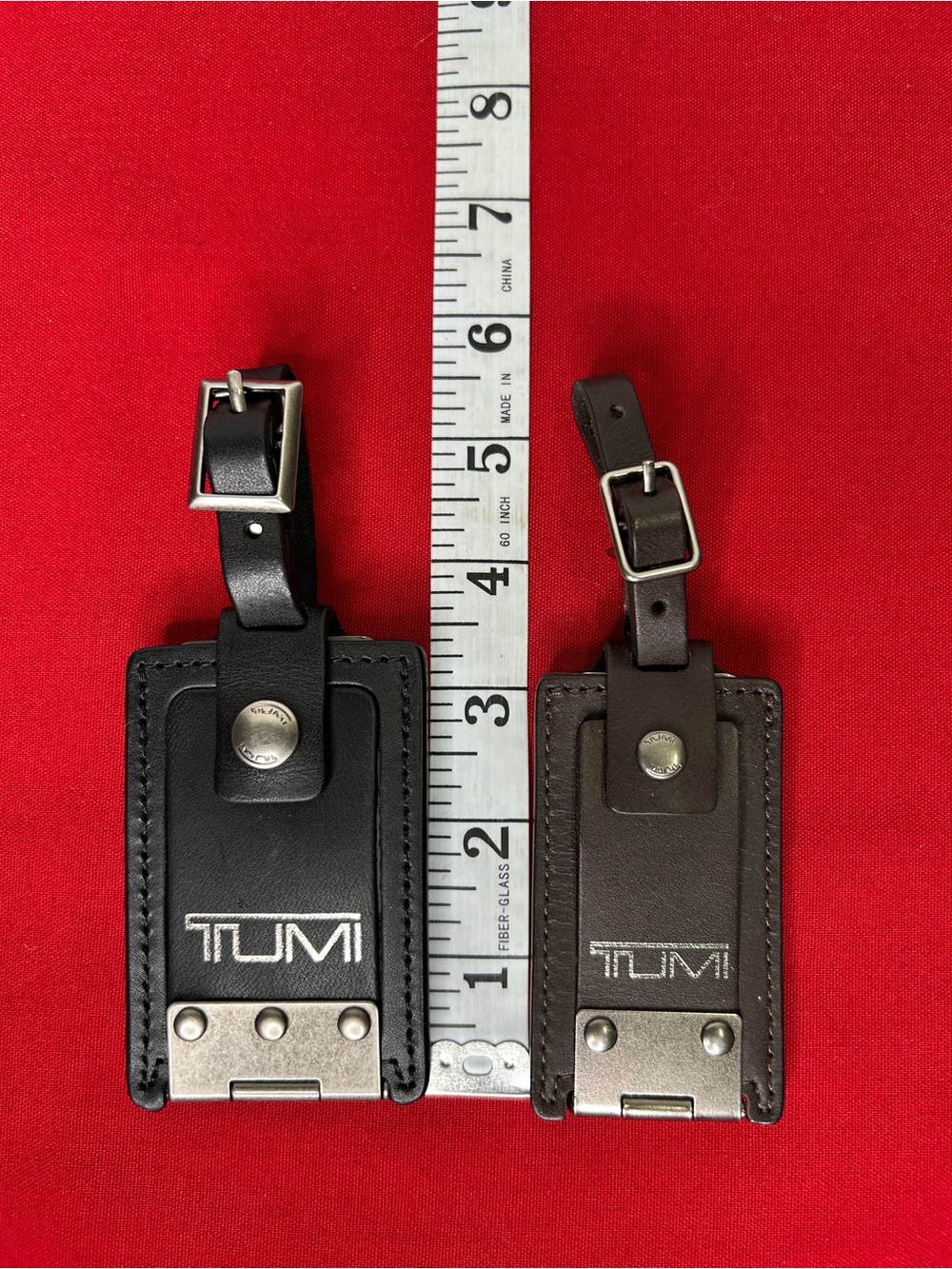 Tumi Leather Luggage Tag TWO Black and Dark Brown Metal Hinge